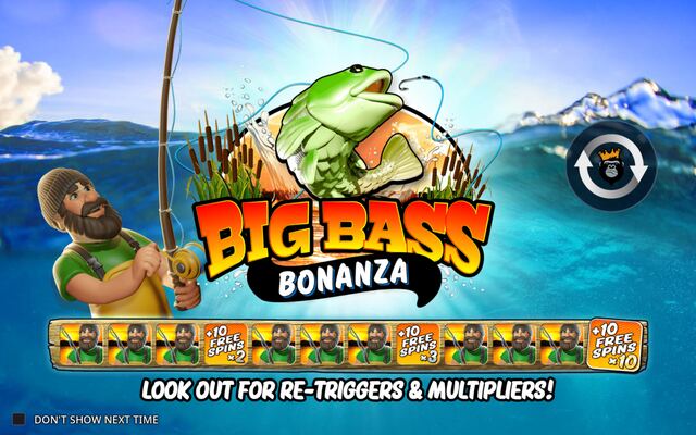 Big Bass Bonanza med fiskaren och multiplikatortrappan som visar +10 free spins vid 2x, 3x och 10x