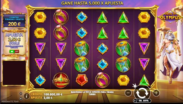 Gates of Olympus basspel med ädelstenar, krona och timglas över sex hjul