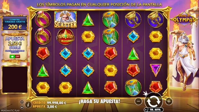 Gates of Olympus spelplan med sex hjul, fem rader, ädelstenar och Zeus scattersymbol
