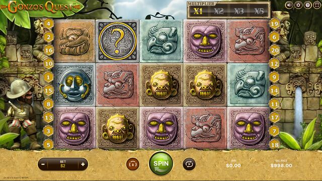 Gonzo’s Quest spelplan med stenmasker, multiplikatortrappan X1 till X5 och Gonzo vid sidan av hjulen