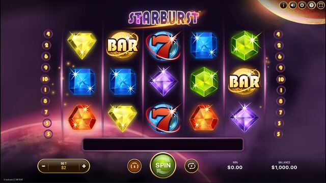 Starburst spelplan med fem hjul, färgade ädelstenar, BAR-symboler och röda sjuor