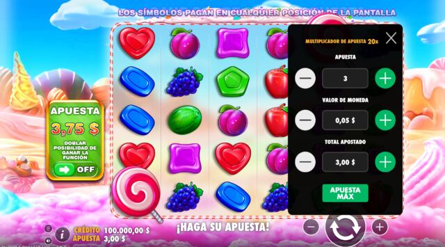 Insatspanel i Sweet Bonanza med myntvärde, antal mynt och total insats