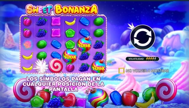 Sweet Bonanza med frukt- och godissymboler, klubban som scatter och tre Rainbow Bombs på 100x