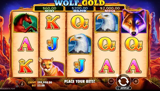 Wolf Gold spelplan med varg, örn, häst och puma samt jackpotmätarna Mini, Major och Mega överst